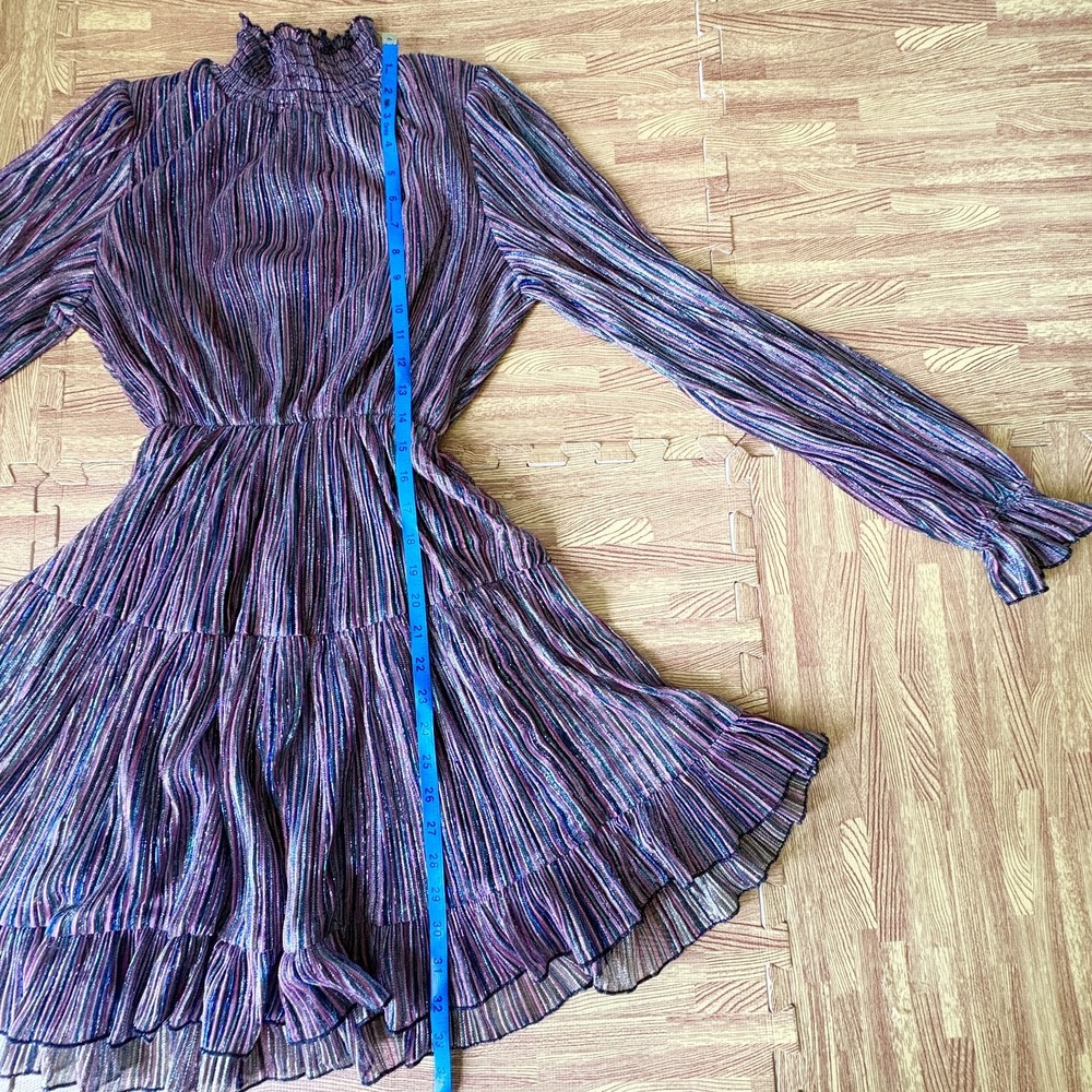 OPT Womens XS Metallic Striped Tiered Mini Dress Mock Neck Long Sleeve - Picture 9 of 9